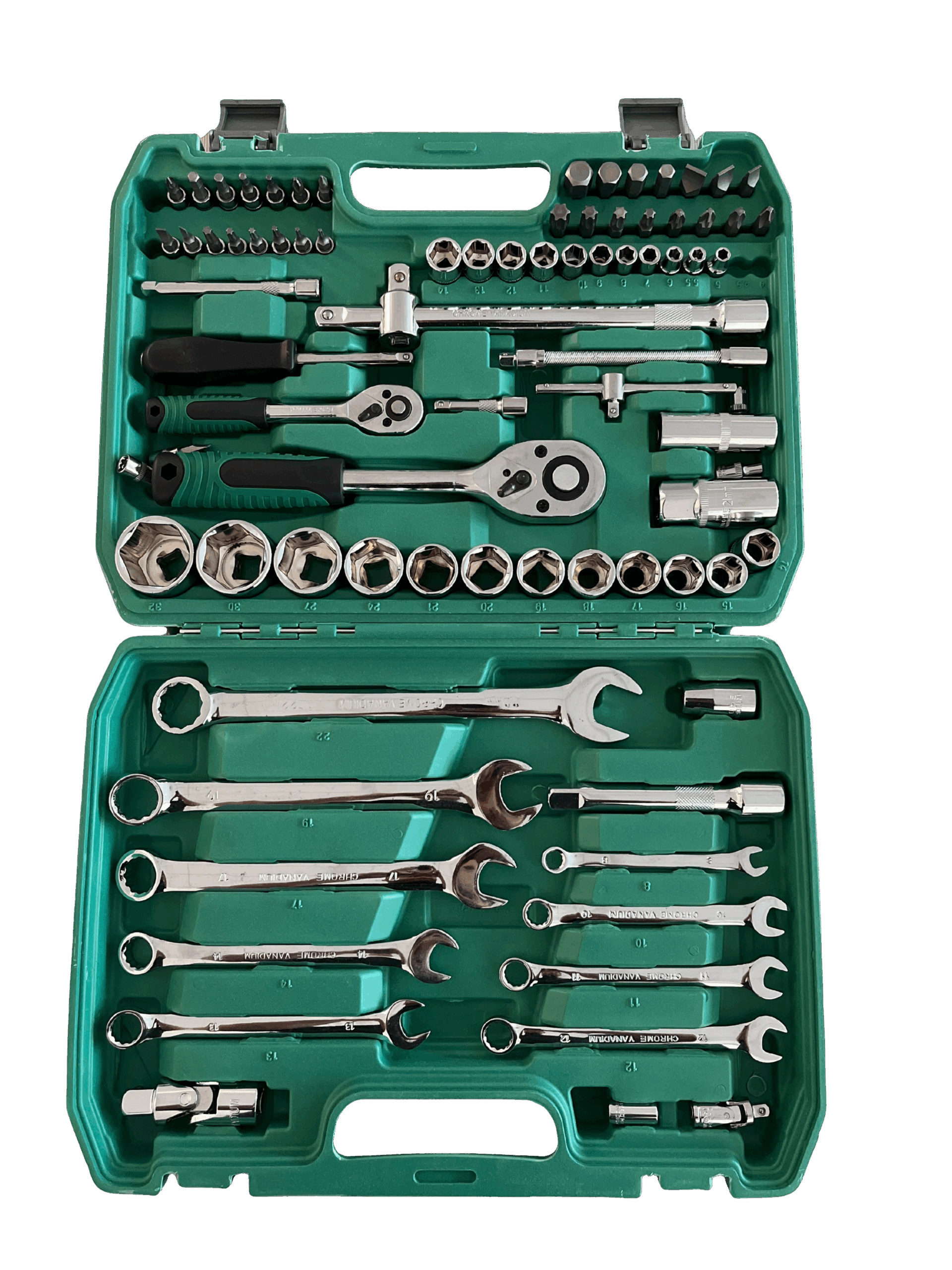 Set utensili professionale CRV82 con cricchetti, chiavi a bussola e combinate in valigetta rigida.