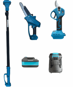 Kit potatura elettrico con mini motosega, forbice da pota, asta telescopica, due batterie e caricatore