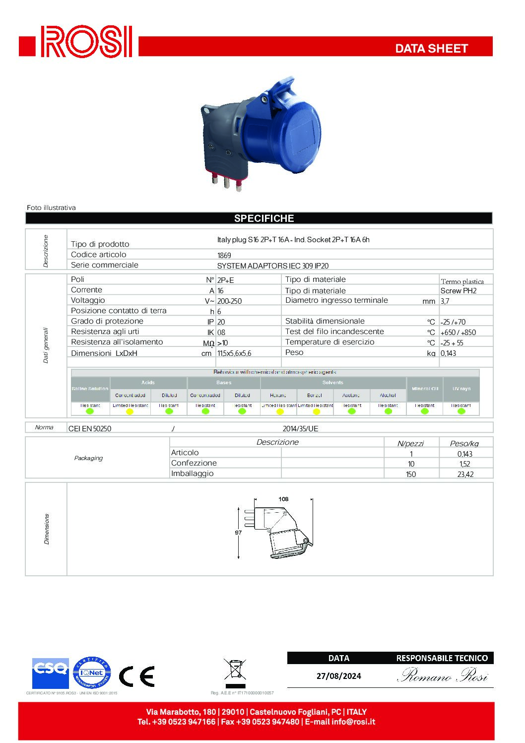 ADATTATORE SPINA A PETTINE 16A 3P - PRESA INDUSTRIALE 16A 3P 220V - IP20 - immagine 2